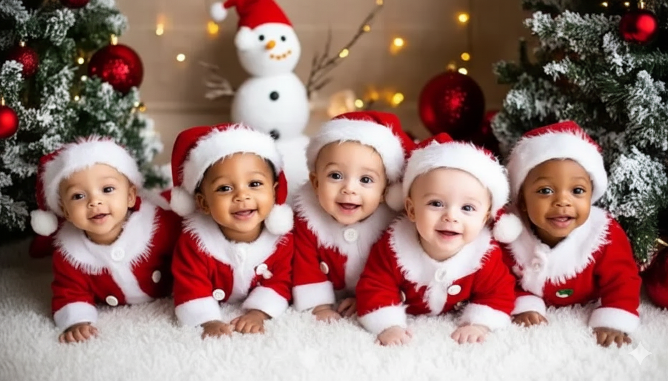 Happy babies in festive holiday outfits